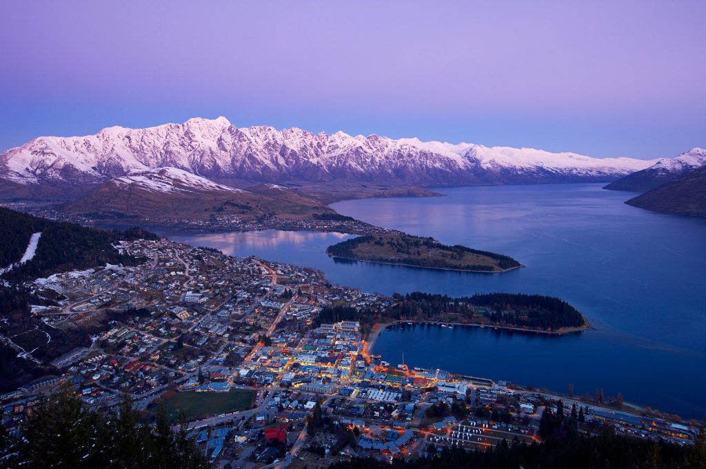 The Remarkables mountain range covered in snow in Queenstown, New Zealand.